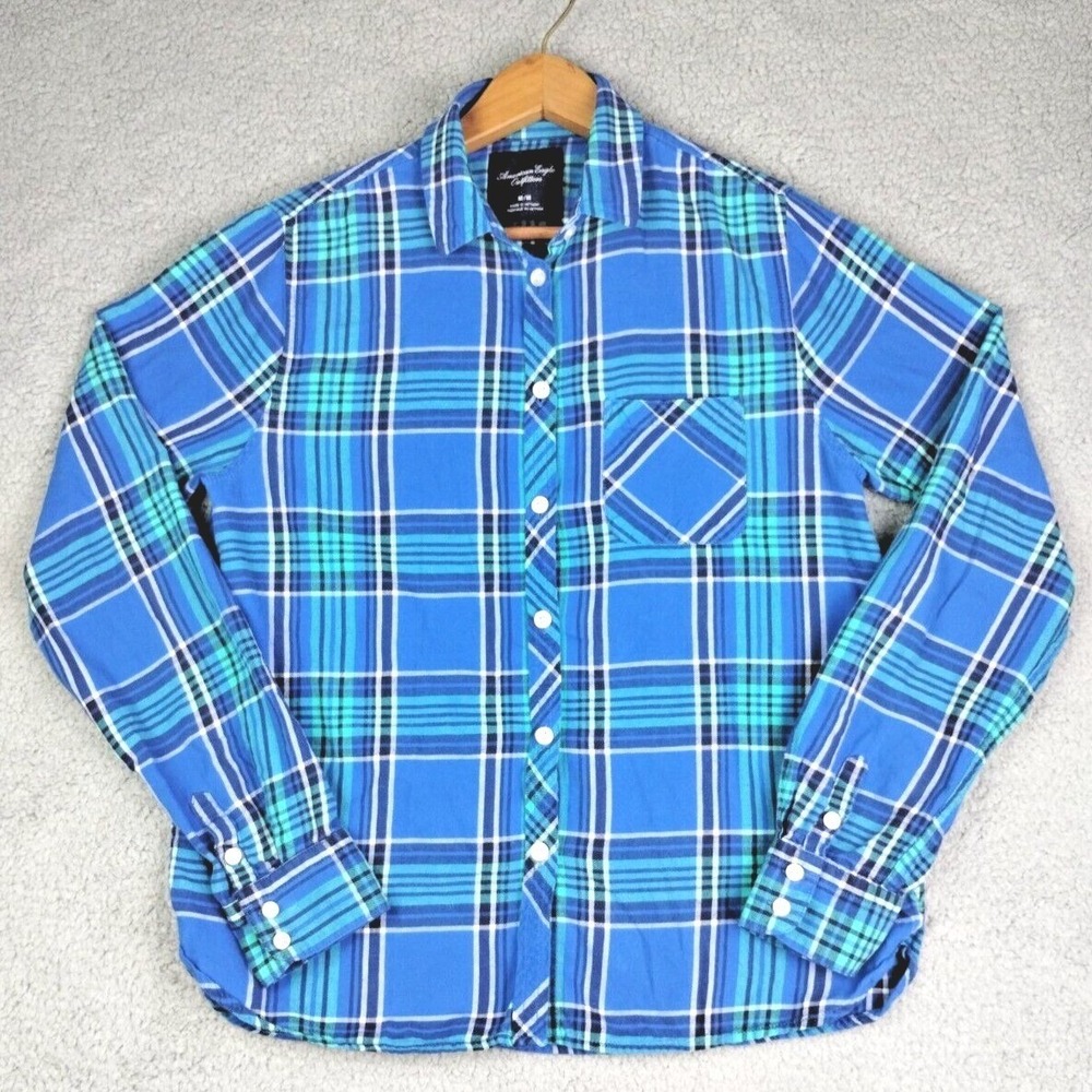 American Eagle Outfitters‎ Shirt Womens Medium Blue Plaid 100% Cotton Flannel